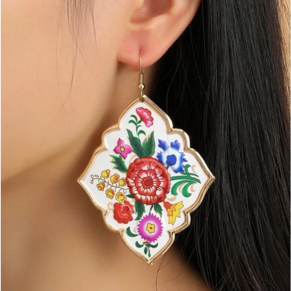 Fabulously Decadent Hand-painted Multicolored Floral & Gold Statement Ea… - Picture 4 of 5